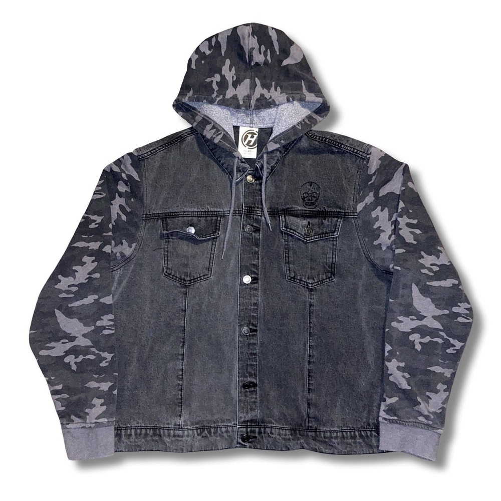 Y2K Hybrid Denim Jacket Men's Size XL Black Skull Embroidered Pockets Hooded
